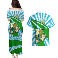 Nicaragua National Bird Couples Matching Puletasi and Hawaiian Shirt with White Flor de Sacuanjoche and Blue Stripe Design - Wonder Print Shop