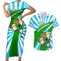 Nicaragua National Bird Couples Matching Short Sleeve Bodycon Dress and Hawaiian Shirt with White Flor de Sacuanjoche and Blue Stripe Design - Wonder Print Shop