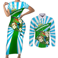 Nicaragua National Bird Couples Matching Short Sleeve Bodycon Dress and Long Sleeve Button Shirt with White Flor de Sacuanjoche and Blue Stripe Design - Wonder Print Shop