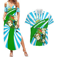 Nicaragua National Bird Couples Matching Summer Maxi Dress and Hawaiian Shirt with White Flor de Sacuanjoche and Blue Stripe Design - Wonder Print Shop