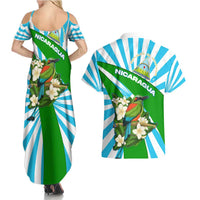 Nicaragua National Bird Couples Matching Summer Maxi Dress and Hawaiian Shirt with White Flor de Sacuanjoche and Blue Stripe Design - Wonder Print Shop