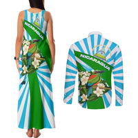 Nicaragua National Bird Couples Matching Tank Maxi Dress and Long Sleeve Button Shirt with White Flor de Sacuanjoche and Blue Stripe Design - Wonder Print Shop