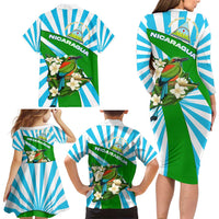 Nicaragua National Bird Family Matching Long Sleeve Bodycon Dress and Hawaiian Shirt with White Flor de Sacuanjoche and Blue Stripe Design - Wonder Print Shop