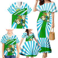 Nicaragua National Bird Family Matching Mermaid Dress and Hawaiian Shirt with White Flor de Sacuanjoche and Blue Stripe Design - Wonder Print Shop