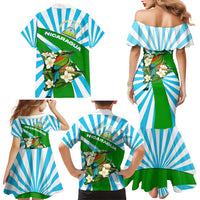 Nicaragua National Bird Family Matching Mermaid Dress and Hawaiian Shirt with White Flor de Sacuanjoche and Blue Stripe Design - Wonder Print Shop