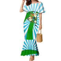 Nicaragua National Bird Family Matching Mermaid Dress and Hawaiian Shirt with White Flor de Sacuanjoche and Blue Stripe Design - Wonder Print Shop