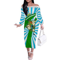 Nicaragua National Bird Family Matching Off The Shoulder Long Sleeve Dress and Hawaiian Shirt with White Flor de Sacuanjoche and Blue Stripe Design - Wonder Print Shop