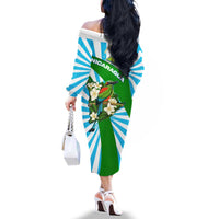 Nicaragua National Bird Family Matching Off The Shoulder Long Sleeve Dress and Hawaiian Shirt with White Flor de Sacuanjoche and Blue Stripe Design - Wonder Print Shop