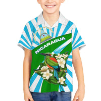 Nicaragua National Bird Family Matching Off The Shoulder Long Sleeve Dress and Hawaiian Shirt with White Flor de Sacuanjoche and Blue Stripe Design - Wonder Print Shop