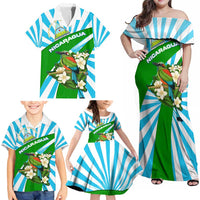 Nicaragua National Bird Family Matching Off Shoulder Maxi Dress and Hawaiian Shirt with White Flor de Sacuanjoche and Blue Stripe Design - Wonder Print Shop
