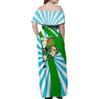 Nicaragua National Bird Family Matching Off Shoulder Maxi Dress and Hawaiian Shirt with White Flor de Sacuanjoche and Blue Stripe Design - Wonder Print Shop