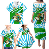Nicaragua National Bird Family Matching Puletasi and Hawaiian Shirt with White Flor de Sacuanjoche and Blue Stripe Design - Wonder Print Shop