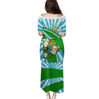 Nicaragua National Bird Family Matching Puletasi and Hawaiian Shirt with White Flor de Sacuanjoche and Blue Stripe Design - Wonder Print Shop