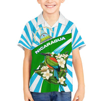 Nicaragua National Bird Family Matching Puletasi and Hawaiian Shirt with White Flor de Sacuanjoche and Blue Stripe Design - Wonder Print Shop