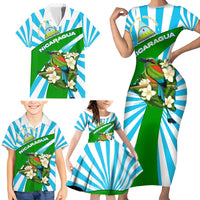 Nicaragua National Bird Family Matching Short Sleeve Bodycon Dress and Hawaiian Shirt with White Flor de Sacuanjoche and Blue Stripe Design - Wonder Print Shop