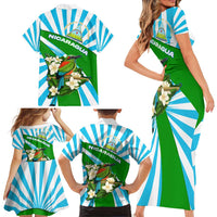 Nicaragua National Bird Family Matching Short Sleeve Bodycon Dress and Hawaiian Shirt with White Flor de Sacuanjoche and Blue Stripe Design - Wonder Print Shop