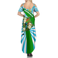 Nicaragua National Bird Family Matching Summer Maxi Dress and Hawaiian Shirt with White Flor de Sacuanjoche and Blue Stripe Design - Wonder Print Shop