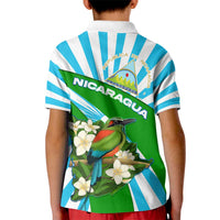 Nicaragua National Bird Kid Polo Shirt with White Flor de Sacuanjoche and Blue Stripe Design - Wonder Print Shop