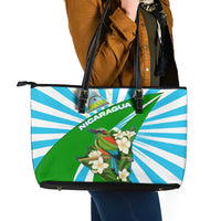 Nicaragua National Bird Leather Tote Bag with White Flor de Sacuanjoche and Blue Stripe Design - Wonder Print Shop