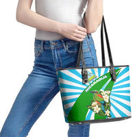 Nicaragua National Bird Leather Tote Bag with White Flor de Sacuanjoche and Blue Stripe Design - Wonder Print Shop