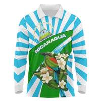 Nicaragua National Bird Long Sleeve Polo Shirt with White Flor de Sacuanjoche and Blue Stripe Design - Wonder Print Shop