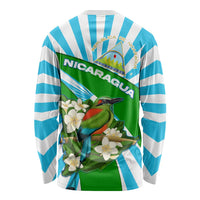 Nicaragua National Bird Long Sleeve Shirt with White Flor de Sacuanjoche and Blue Stripe Design - Wonder Print Shop