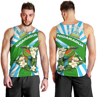 Nicaragua National Bird Men Tank Top with White Flor de Sacuanjoche and Blue Stripe Design - Wonder Print Shop
