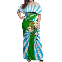 Nicaragua National Bird Off Shoulder Maxi Dress with White Flor de Sacuanjoche and Blue Stripe Design - Wonder Print Shop