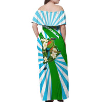 Nicaragua National Bird Off Shoulder Maxi Dress with White Flor de Sacuanjoche and Blue Stripe Design - Wonder Print Shop