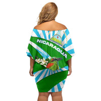 Nicaragua National Bird Off Shoulder Short Dress with White Flor de Sacuanjoche and Blue Stripe Design - Wonder Print Shop