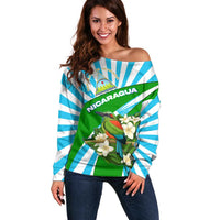 Nicaragua National Bird Off Shoulder Sweater with White Flor de Sacuanjoche and Blue Stripe Design - Wonder Print Shop