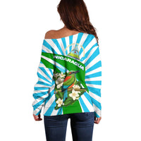 Nicaragua National Bird Off Shoulder Sweater with White Flor de Sacuanjoche and Blue Stripe Design - Wonder Print Shop