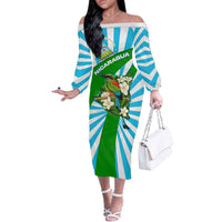 Nicaragua National Bird Off The Shoulder Long Sleeve Dress with White Flor de Sacuanjoche and Blue Stripe Design - Wonder Print Shop