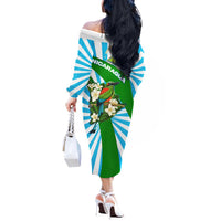 Nicaragua National Bird Off The Shoulder Long Sleeve Dress with White Flor de Sacuanjoche and Blue Stripe Design - Wonder Print Shop
