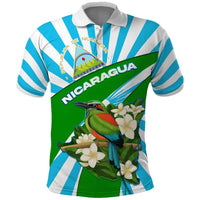 Nicaragua National Bird Polo Shirt with White Flor de Sacuanjoche and Blue Stripe Design - Wonder Print Shop