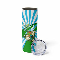 Nicaragua National Bird Skinny Tumbler with White Flor de Sacuanjoche and Blue Stripe Design - Wonder Print Shop