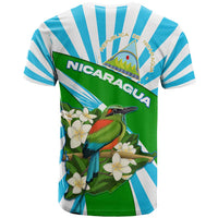 Nicaragua National Bird T Shirt with White Flor de Sacuanjoche and Blue Stripe Design - Wonder Print Shop