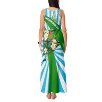 Nicaragua National Bird Tank Maxi Dress with White Flor de Sacuanjoche and Blue Stripe Design - Wonder Print Shop