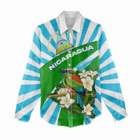 Nicaragua National Bird Women Casual Shirt with White Flor de Sacuanjoche and Blue Stripe Design - Wonder Print Shop
