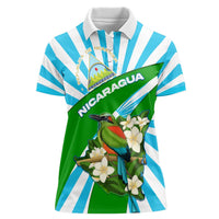 Nicaragua National Bird Women Polo Shirt with White Flor de Sacuanjoche and Blue Stripe Design - Wonder Print Shop