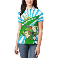 Nicaragua National Bird Women Polo Shirt with White Flor de Sacuanjoche and Blue Stripe Design - Wonder Print Shop