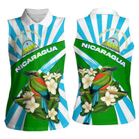 Nicaragua National Bird Women Sleeveless Polo Shirt with White Flor de Sacuanjoche and Blue Stripe Design - Wonder Print Shop