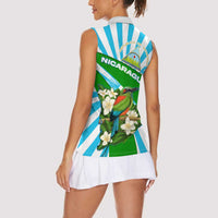 Nicaragua National Bird Women Sleeveless Polo Shirt with White Flor de Sacuanjoche and Blue Stripe Design - Wonder Print Shop