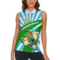 Nicaragua National Bird Women Sleeveless Polo Shirt with White Flor de Sacuanjoche and Blue Stripe Design - Wonder Print Shop