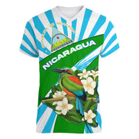 Nicaragua National Bird Women V-Neck T-Shirt with White Flor de Sacuanjoche and Blue Stripe Design - Wonder Print Shop
