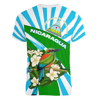 Nicaragua National Bird Women V-Neck T-Shirt with White Flor de Sacuanjoche and Blue Stripe Design - Wonder Print Shop
