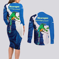 Nicaragua Guardabarranco Bird Couples Matching Long Sleeve Bodycon Dress and Long Sleeve Button Shirt with Volcano Map and National Emblem Design - Wonder Print Shop