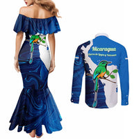 Nicaragua Guardabarranco Bird Couples Matching Mermaid Dress and Long Sleeve Button Shirt with Volcano Map and National Emblem Design - Wonder Print Shop