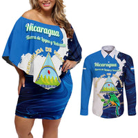 Nicaragua Guardabarranco Bird Couples Matching Off Shoulder Short Dress and Long Sleeve Button Shirt with Volcano Map and National Emblem Design - Wonder Print Shop