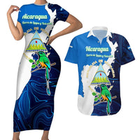 Nicaragua Guardabarranco Bird Couples Matching Short Sleeve Bodycon Dress and Hawaiian Shirt with Volcano Map and National Emblem Design - Wonder Print Shop